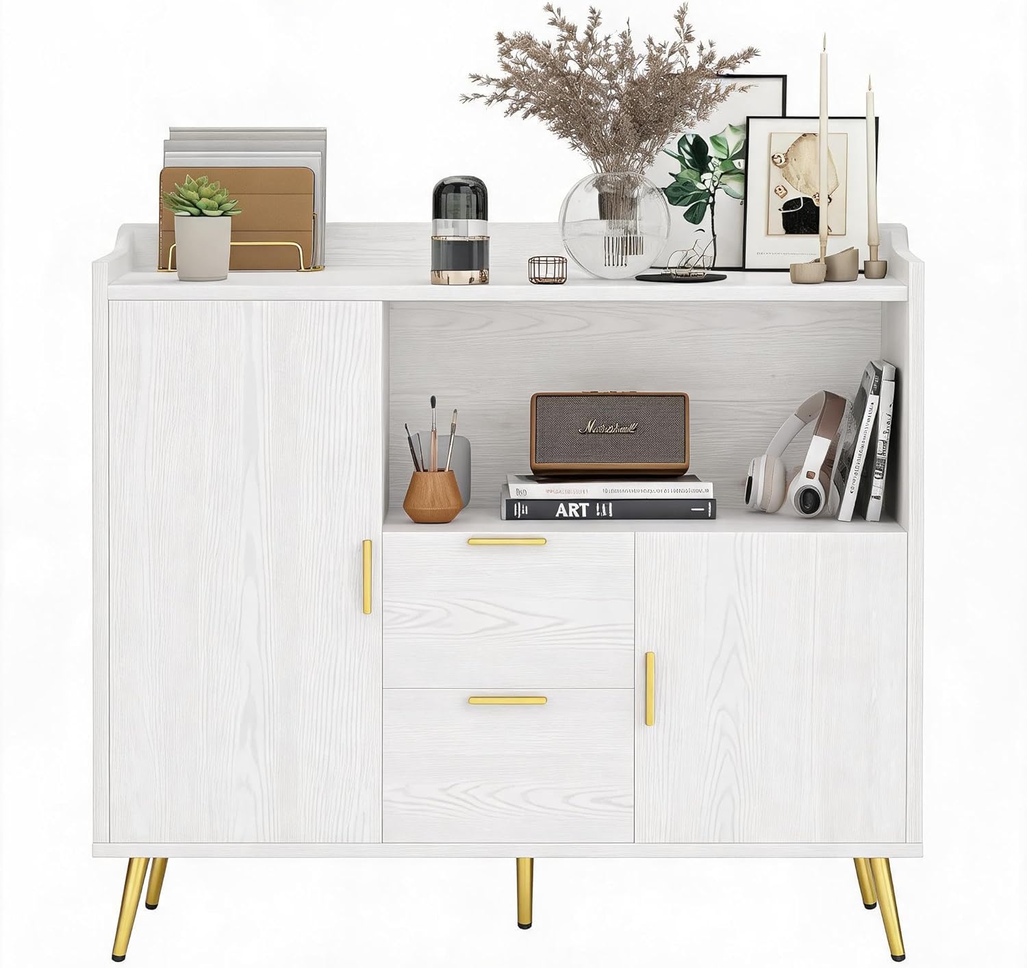 Modern White Sideboard Buffet Cabinet - 40" Wooden Storage, 2 Drawers, 2 Doors, Multi-Functional, Living Room Stand