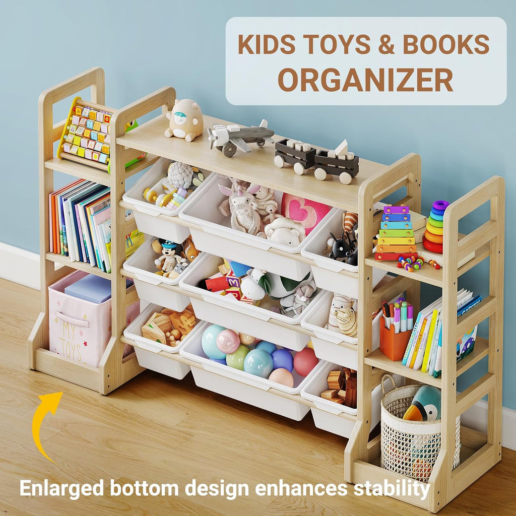 Kids Toy Storage Organizer with Bookshelf, Wooden Toy Shelf with 6 Open Shelves and 9 Removable Bins, Extended Base Sturdy Storage Cabinet for Playroom, Kids Room, Nursery Organization