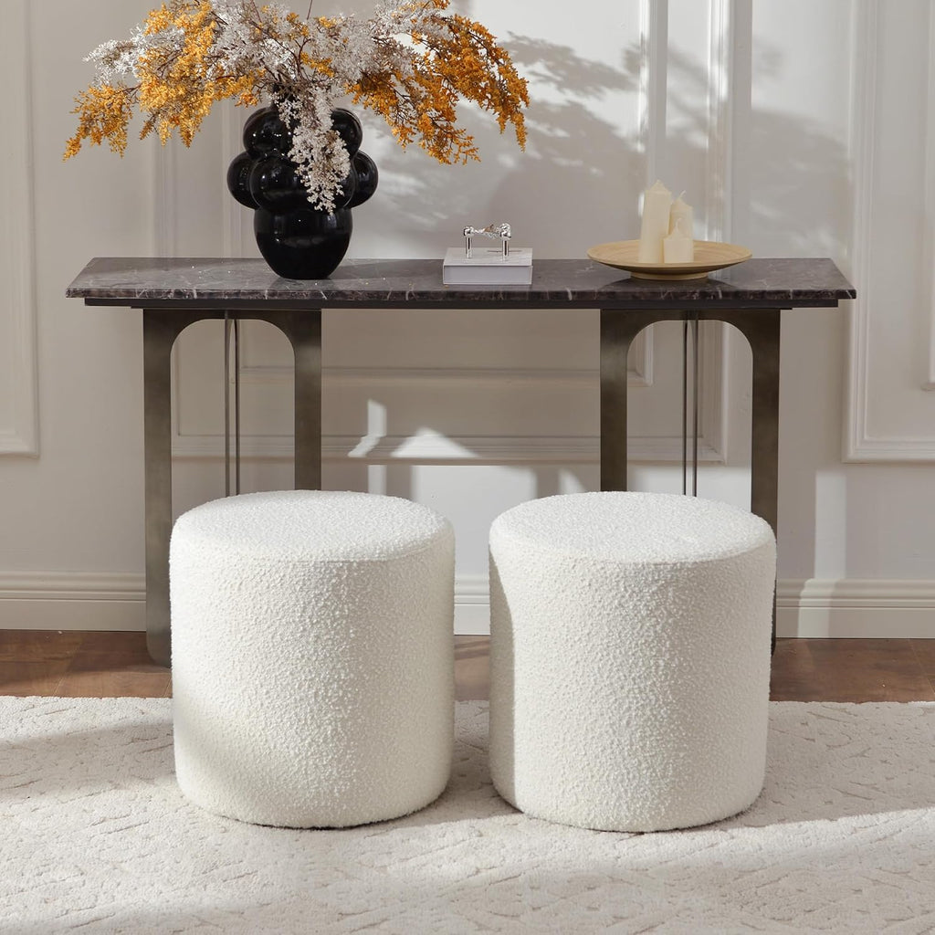 KINWELL Modern Round Boucle Upholstered Ottoman Set of 2, Multi-Functional Sofa Footrest, Side Table, Extra Seating for Living Room, Bedroom, Entryway (Cream White, 18" Dx 18" W x 18.3" H)