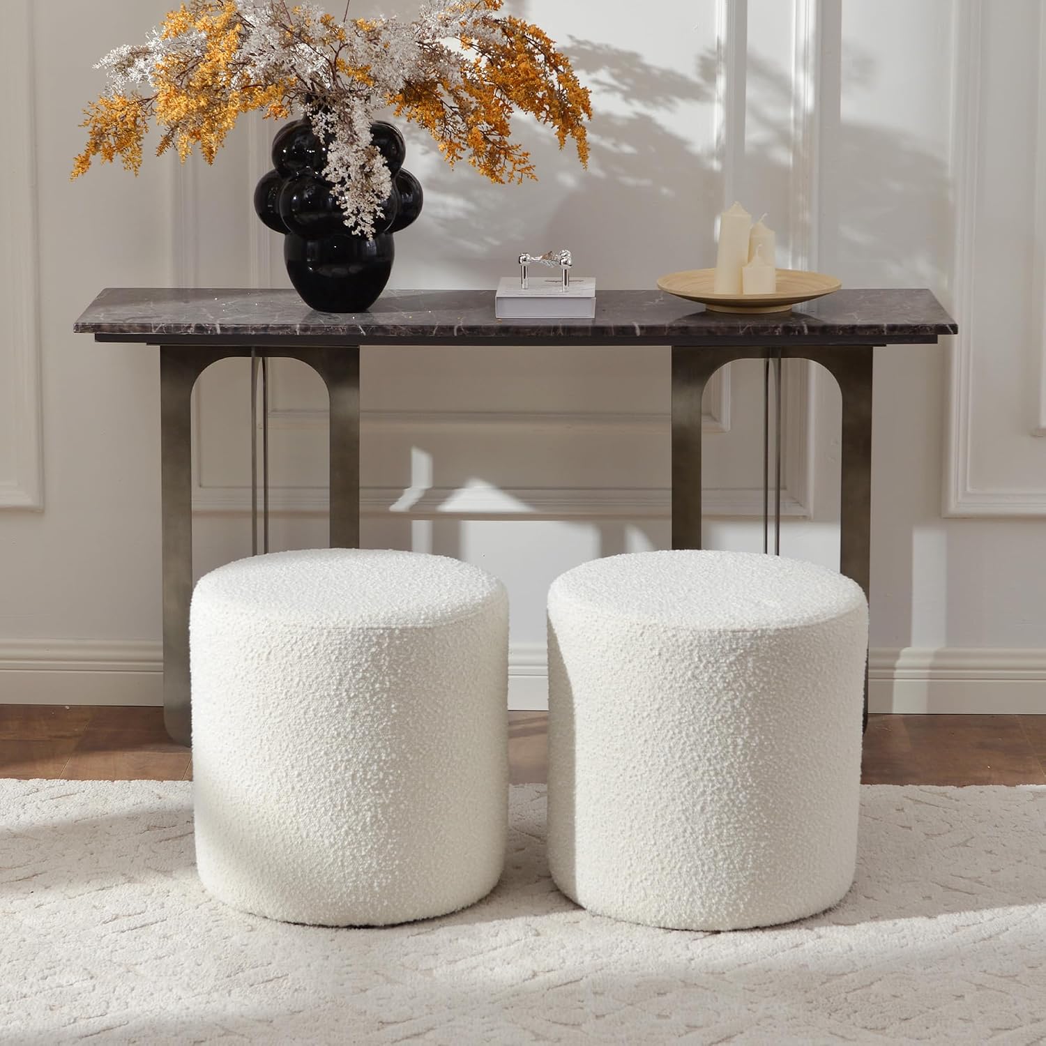 KINWELL Modern Round Boucle Upholstered Ottoman Set of 2, Multi-Functional Sofa Footrest, Side Table, Extra Seating for Living Room, Bedroom, Entryway (Cream White, 18" Dx 18" W x 18.3" H)