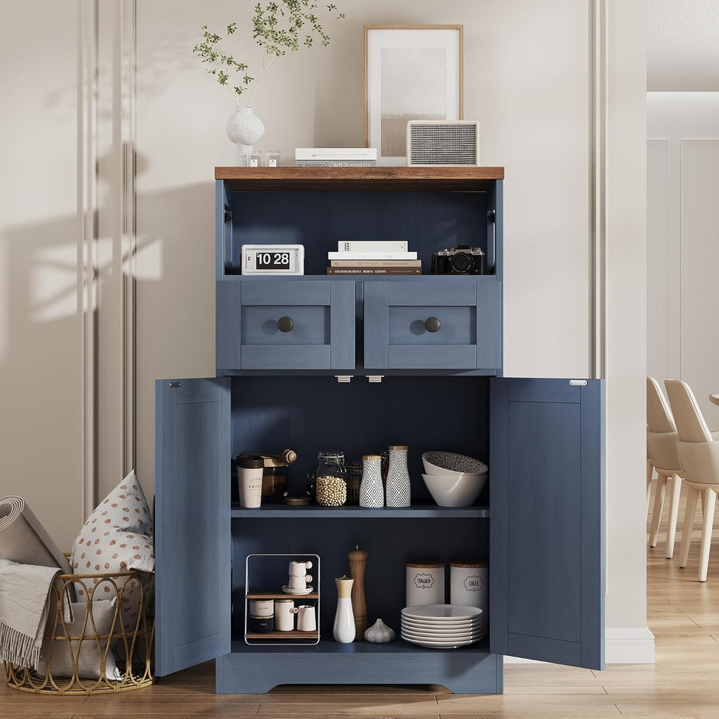 FiveWillowise Farmhouse Blue Storage Cabinet with Barn Doors and Drawers, Small Freestanding Kitchen Pantry Cabinet, Hutch Cupboard for Kitchen, Laundry, Living Room,Bathroom