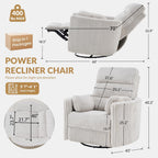 GRAINELL Oversize Power Swivel Recliner, 40in Wide Electric Glider Rocking Chair with Headrest Adjustment, USB Port, 270° Swivel, Rock 30° – for Living Room, Nursery, Light Gray (5"7' to 6"1' Height)