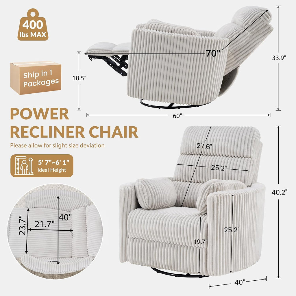 SUNWAVE 40" Oversized Power Nursery Rocking Recliner Barrel Chair, Swivel Nursing Chair with Electric Headrest & Anti-Pinch, Lay-Flat Corduroy Rocking Chair Nursery with USB/Type-C
