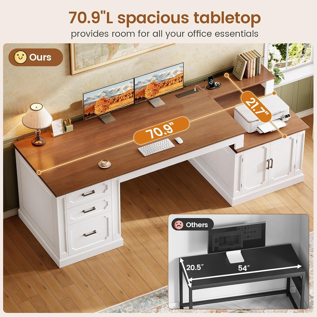 SEDETA Farmhouse 70.9" Executive Desk, Home Office Desk with File Drawers and Storage Cabinet, Computer Desk with Power Outlet for Home Office, Work Study Writing, White+Brown