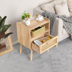 Lerliuo Rattan Nightstand with Charging Station, Boho Night Stand | Side Table with Drawer Open Shelf, Cane Accent Bedside End Table for Bedroom, Dorm and Small Spaces