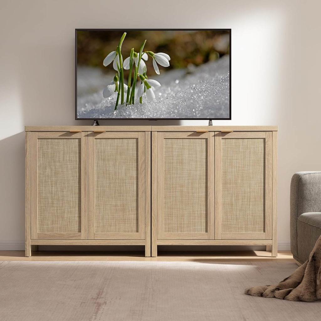 SICOTAS Rattan Sideboard Buffet Cabinet with Large Storage - Boho Credenza Coffee Bar Cabinet with Adjustable Shelves, Buffet Console Table for Kitchen Living Room Hallway - Natural