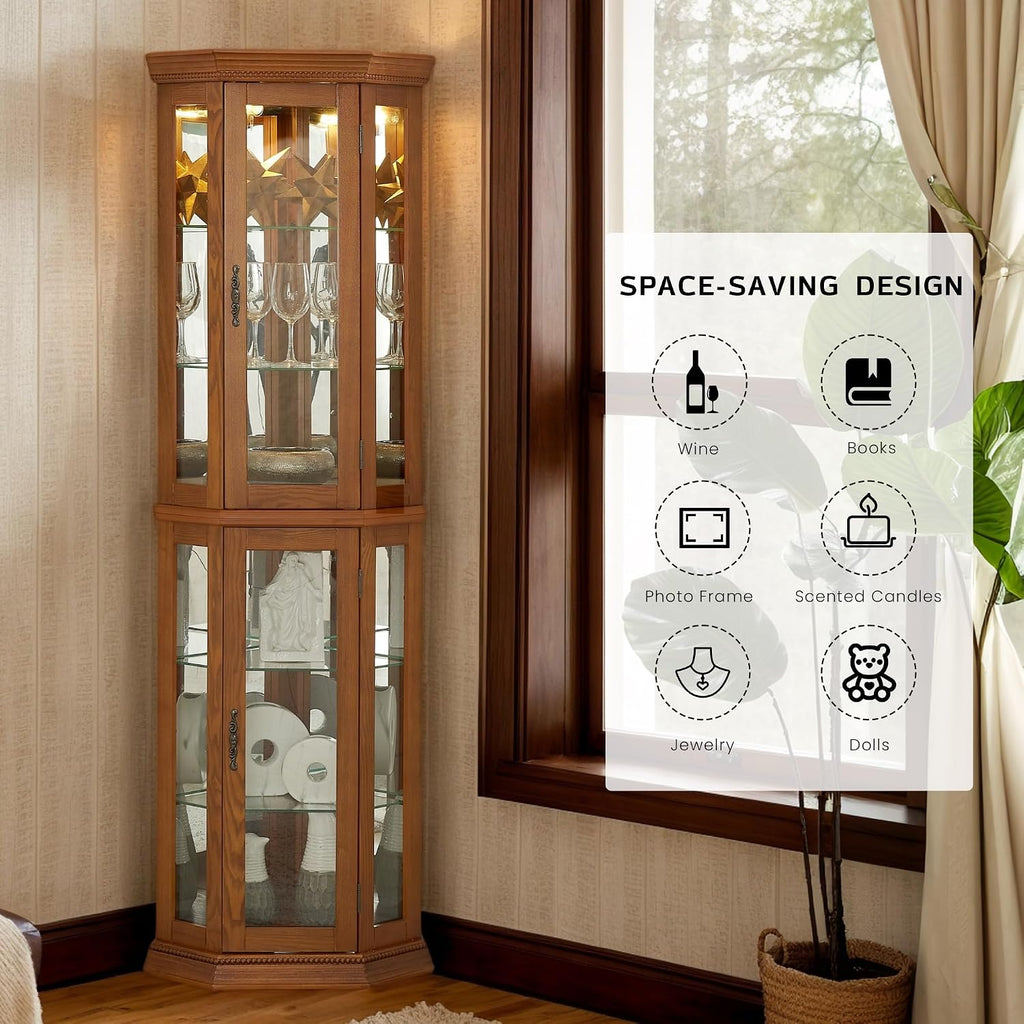 Corner Curio Cabinet with Light Bulb, Tempered Glass Doors, Floor Standing Glass Display Cage with 6 Tempered Glass Shelves, Wine Cabinet Storage Rack for Bar and Liquor Storage (Oak)