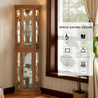 Corner Curio Cabinet with Light Bulb, Tempered Glass Doors, Floor Standing Glass Display Cage with 6 Tempered Glass Shelves, Wine Cabinet Storage Rack for Bar and Liquor Storage (Oak)