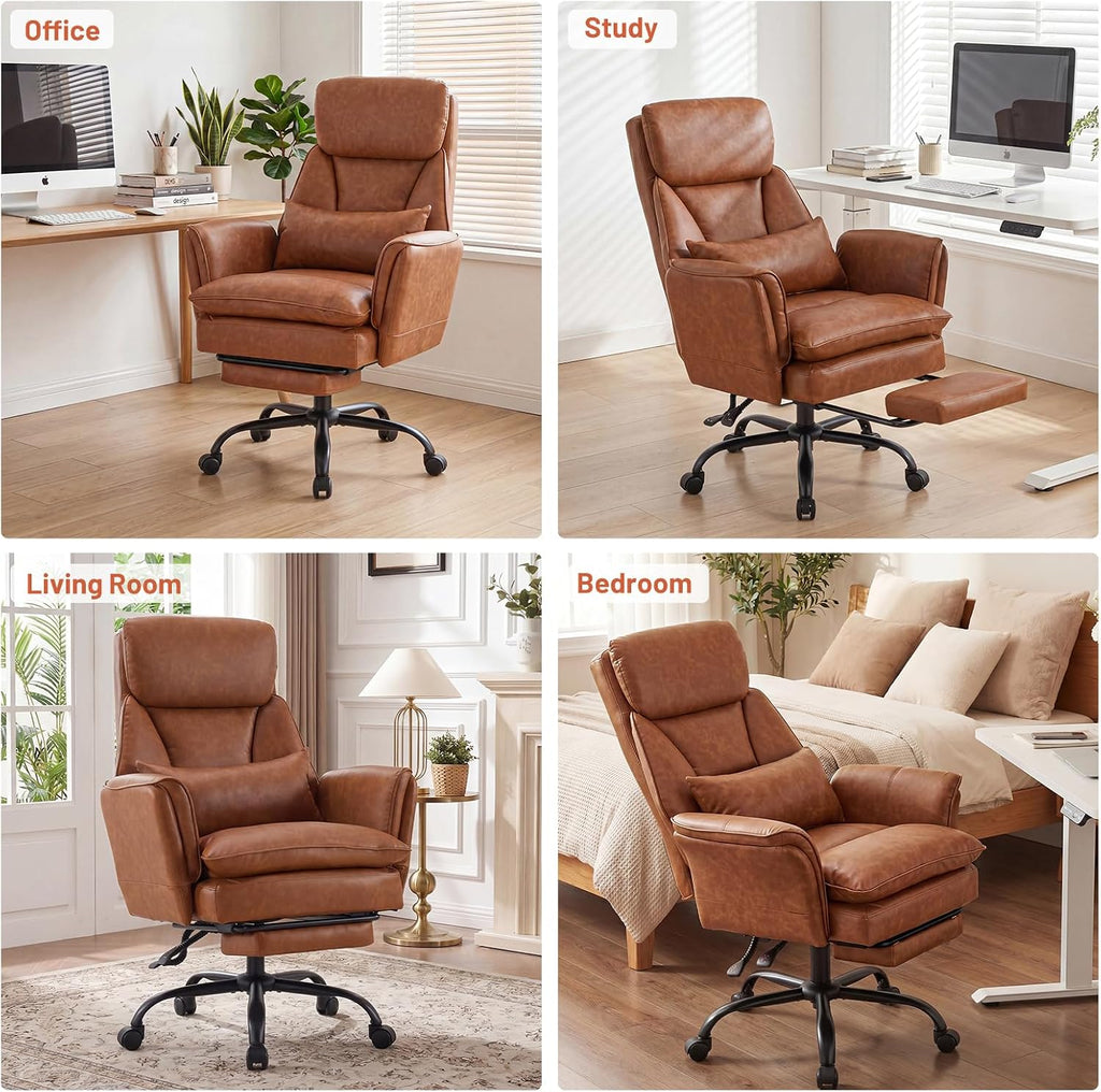 Furniliving Big and Tall Office Chair, Ergonomic Computer Desk Chair with Footrest, Wide Seat Reclining Gaming Chair, Flip Armrests for Cross Legged Sitting, Heavy Duty Support up to 400LBS, PU, Brown