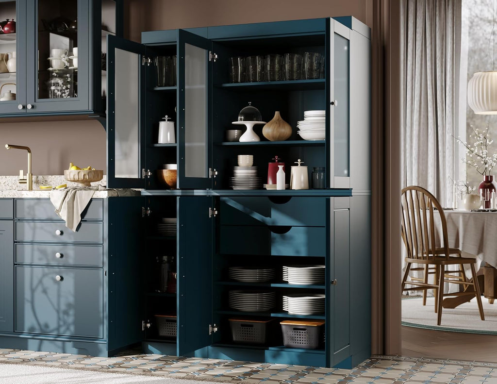 Palace Imports 100% Solid Wood 48.5"" Pantry China Cabinet with Raised Panel, Frosted Glass Doors, 2-Drawers and Adjustable Shelves