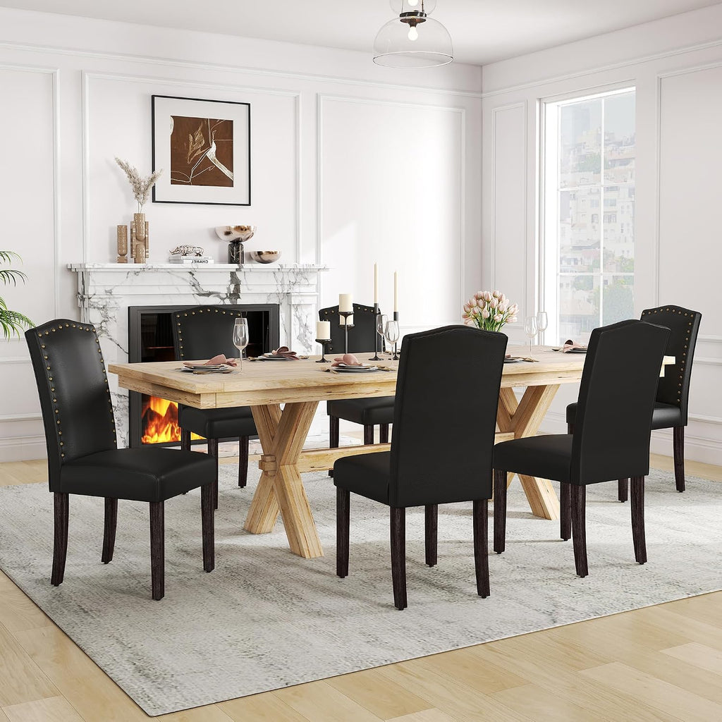 LSSPAID Dining Chairs Set of 6, Modern PU Leather Upholstered Parsons Dining Room Chairs with Bronze Nail Head Trim and Brushed Solid Wood Legs, Black