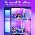 AODK Glass Display Cabinet with Glass Doors, 4-Tier Display Case with RGB Lights, Glass Cabinet Shelf for Collectibles and Storage, Black Curio Cabinet for Gaming Room