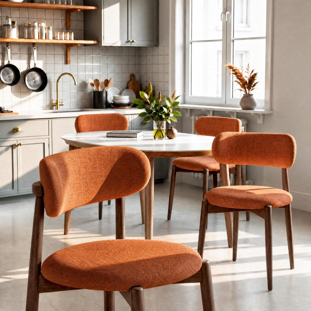 Wooden Dining Chairs Set of 4, Mid Century Modern Upholstered Kitchen Chairs with Solid Wood Legs, 350lb Heavy Duty Padded Side Chairs for Dining Room & Vanity, Orange