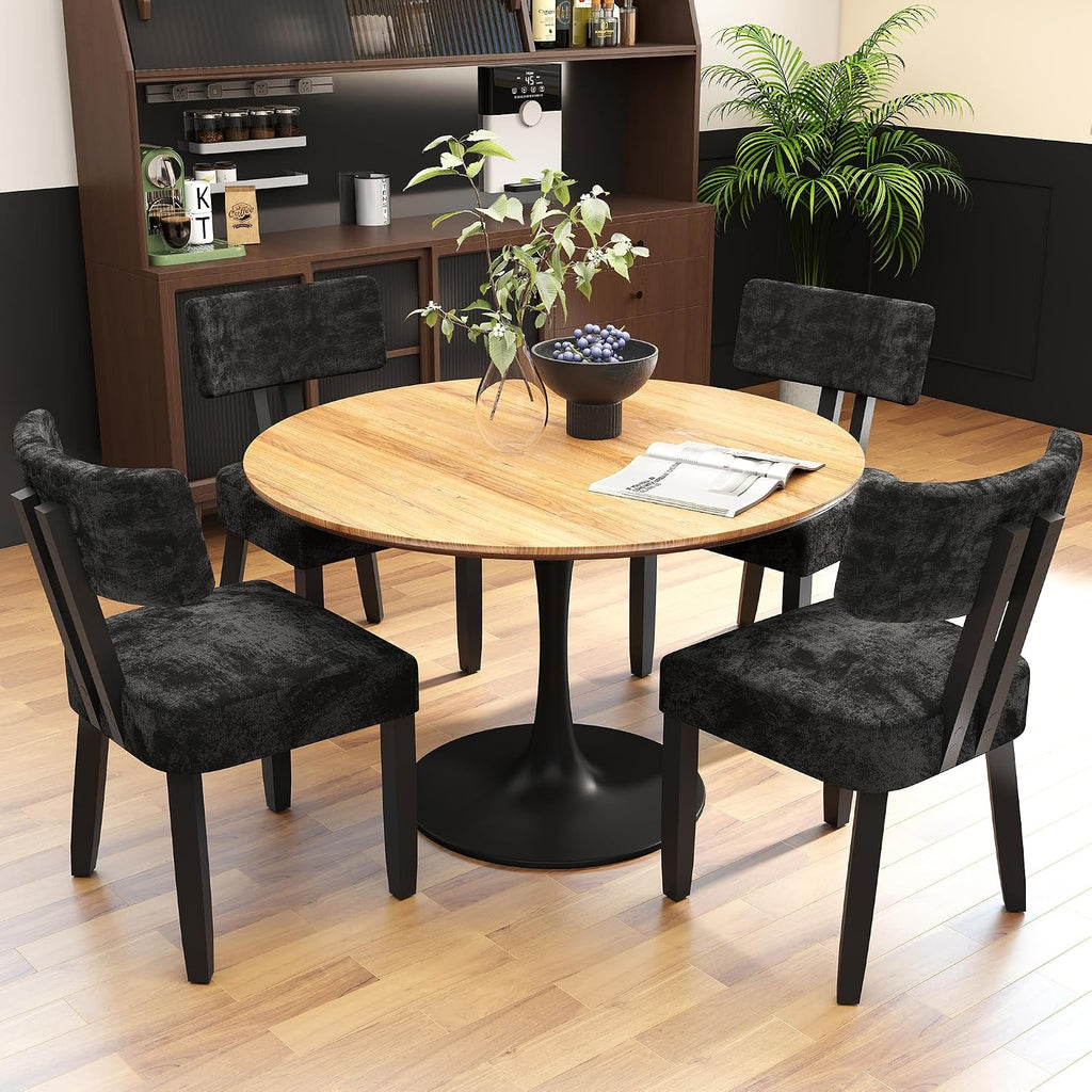 GOTMINSI Mid Century Modern Dining Chairs,Velvet Farmhouse Upholstered Kitchen Chairs, Accent Curved Backrest Dining Room Chairs with Hardwood Legs (Black, 4PCS)