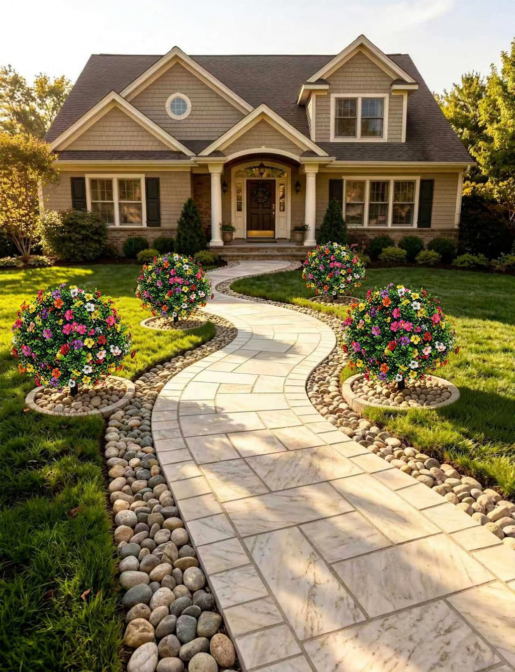 27.5" Artificial Boxwood Topiary Ball Trees with Colorful Flowers with Round Spike, Set of 2 UV Resistant Fake Bushes Outdoor Shrubs for Front Porch Planters, Weatherproof Faux Greenery Plants Decor