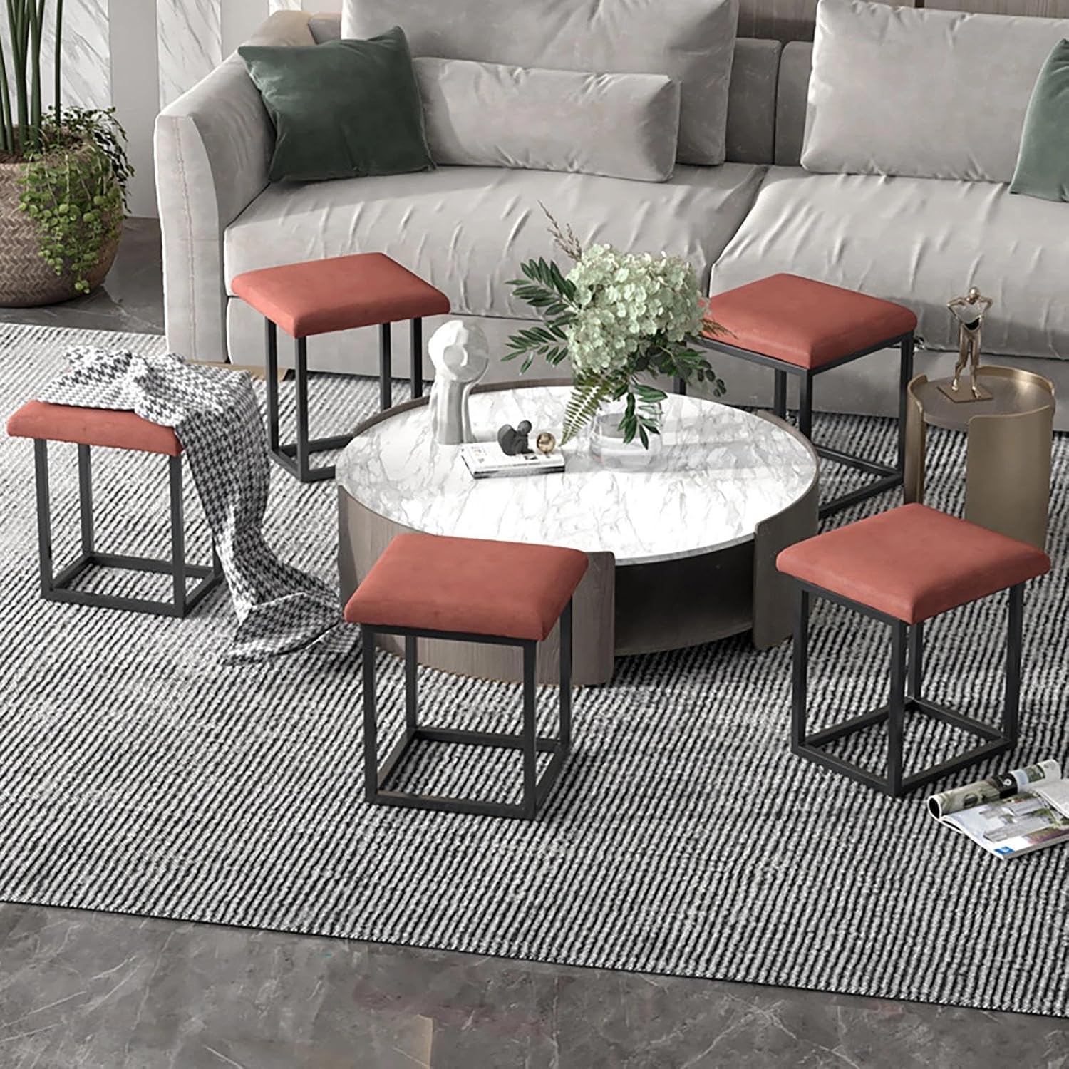 Square Multi-Functional Footstool with Wheels, 5-in-1 Entryway Storage Stool, Easily Disassembled and Assembled, Suitable for Living Room and Bedroom.(Orange-red)