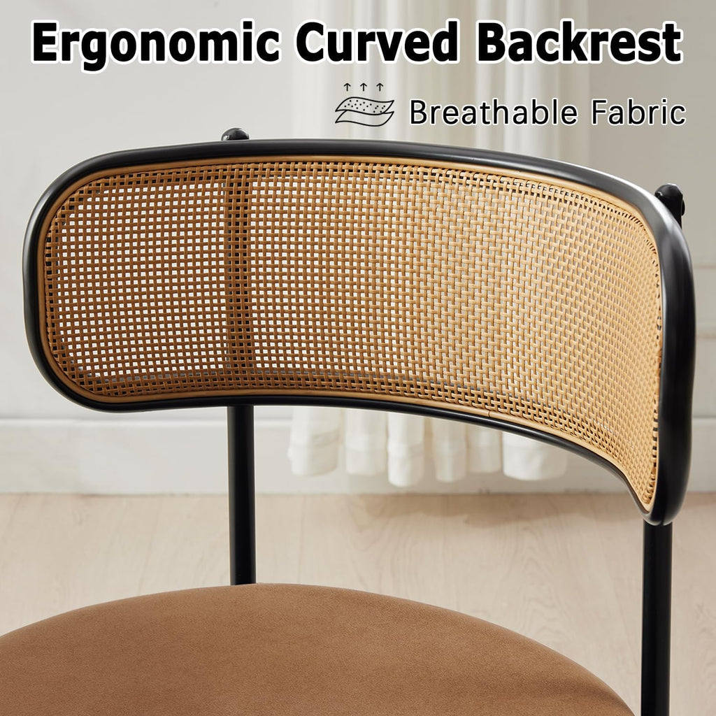 Rattan Dining Chairs Set of 6, Mid Century Modern Dining Chairs with Cane Back and Boucle Upholstered Seat, Farmhouse Kitchen Chairs for Dining Room and Living Room, Brown