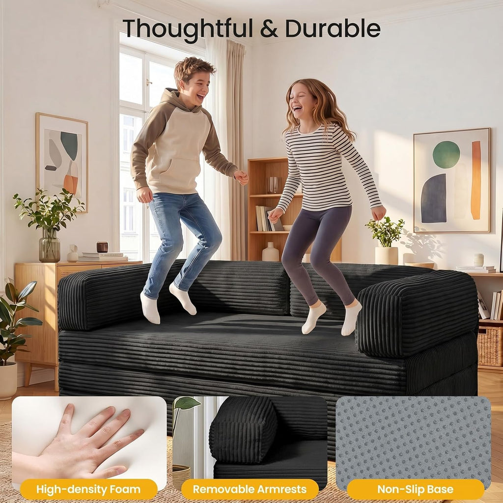 Erament Convertible Sofa Bed, Tri-Folding Mattress Queen Futon Couch Bed, Boneless Sleeper Couch Bed with Removable Armrests & Washable Cover for Guest Room, Living Room, Queen, Black