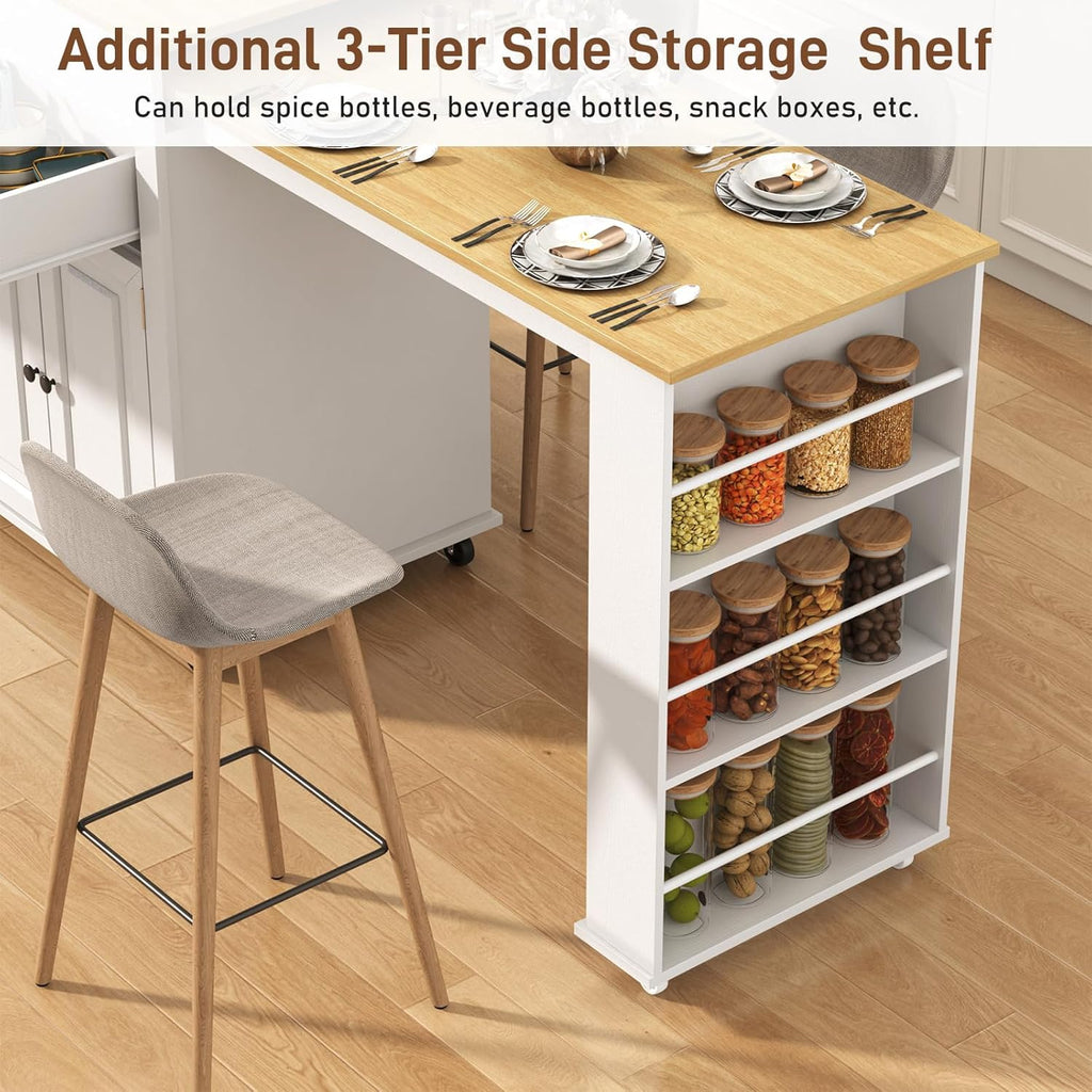 80"-48" Extendable Kitchen Island with Extended Dining Table and Power Outlet,Large Mobile Kitchen Storage Islands with 2 Storage Drawers,Rolling Islands Cart with 3 Extra Rows Open Shelves(White)
