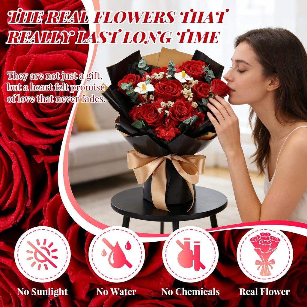 Preserved Red Rose Bouquet for her, Eternal Rose Gift Set in Premium-Quality for Girlfriend, Engagement, Mother’s Day, Birthday, Anniversary, Graduation, Valentine’s Day, Independent Day