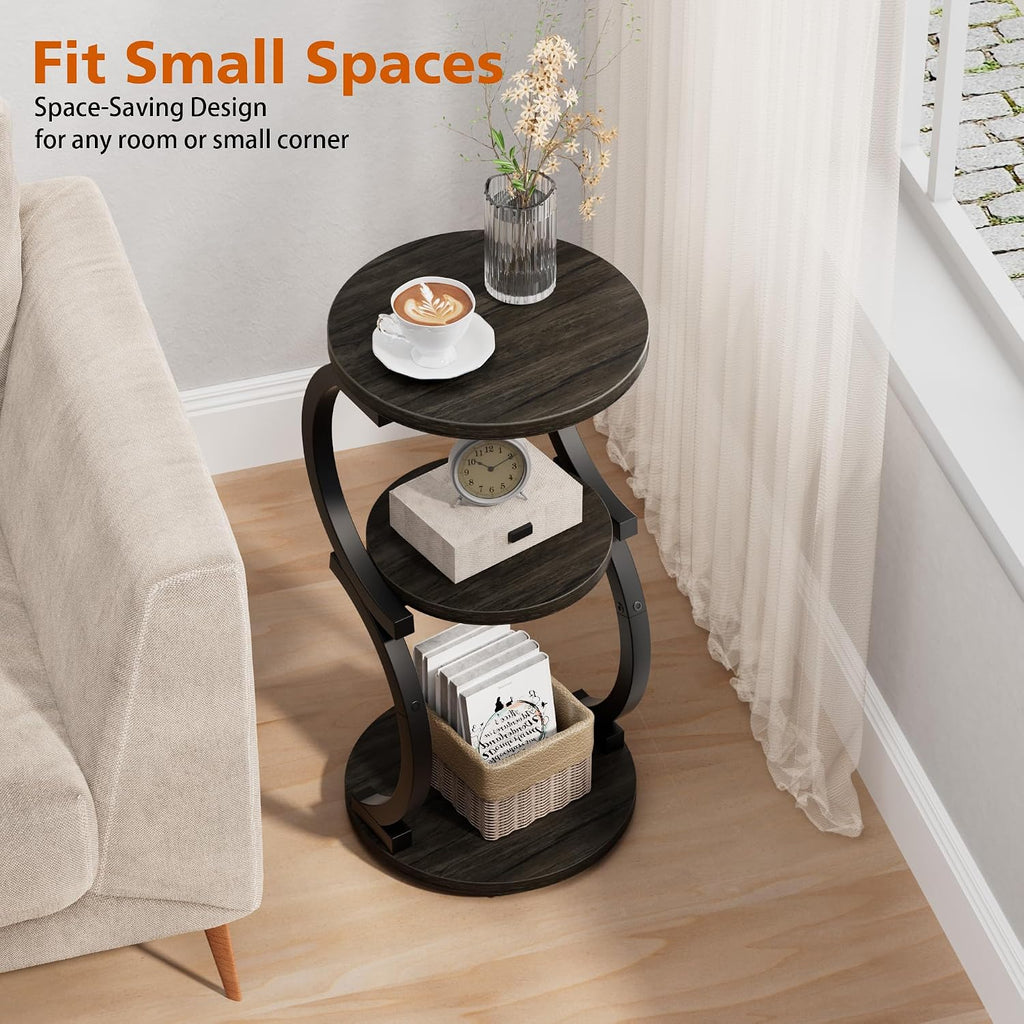 JUSTOGO Small Round Side Table, 3-Tier End Table for Living Room, Vintage Nightstand for Small Spaces Sofa Couch Corner Bedside Bedroom, S-Shaped Wood Accent Table Matel Coffee Table, Charcoal Grey