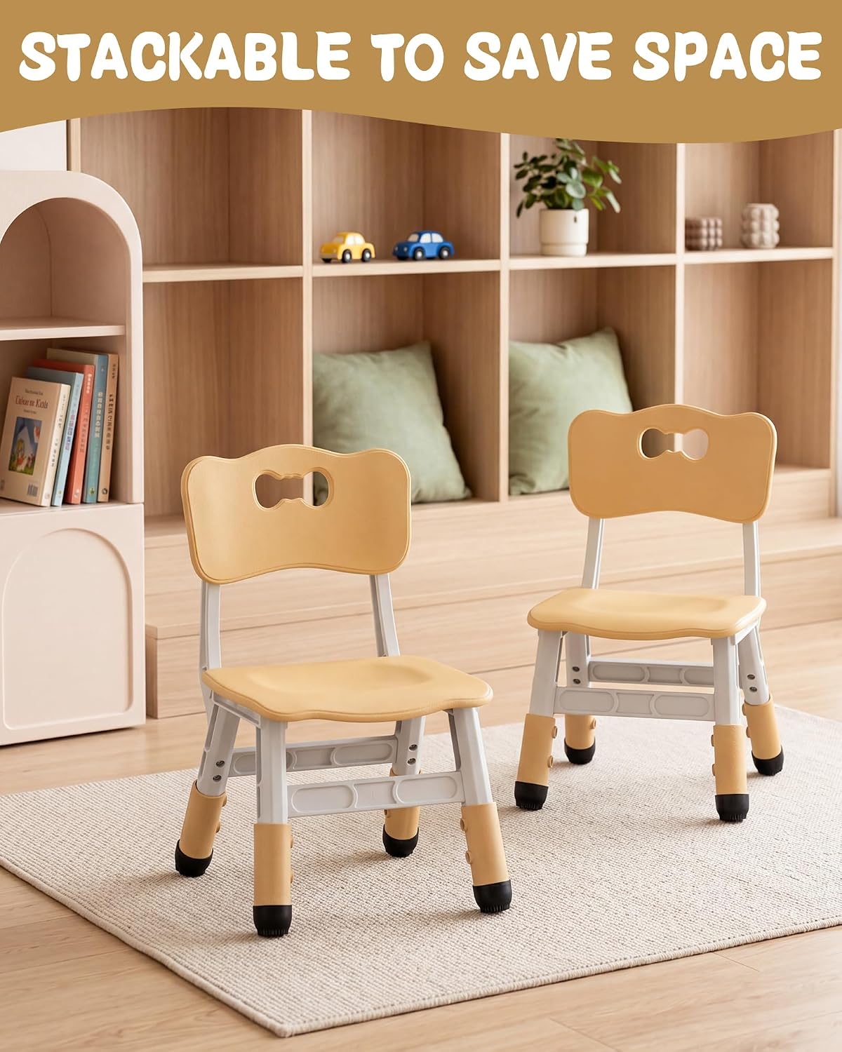 Brelley Kids Chairs (2pcs) Height Adjustable Toddler Chairs for Table, for Indoor & Outdoor Use Classroom/Daycare/Home for Ages 3-8, 180lbs High Bearing Toddler Chair, CPC & CE Approved- Beige