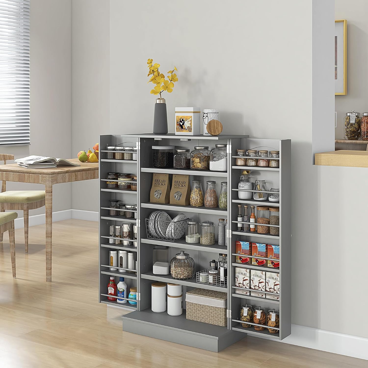 41" Kitchen Pantry Storage Cabinet,Freestanding Kitchen Cabinet with 12 Door Shelves,Double Doors,5-Tier Shelving and Adjustable Shelves,Paper Gray