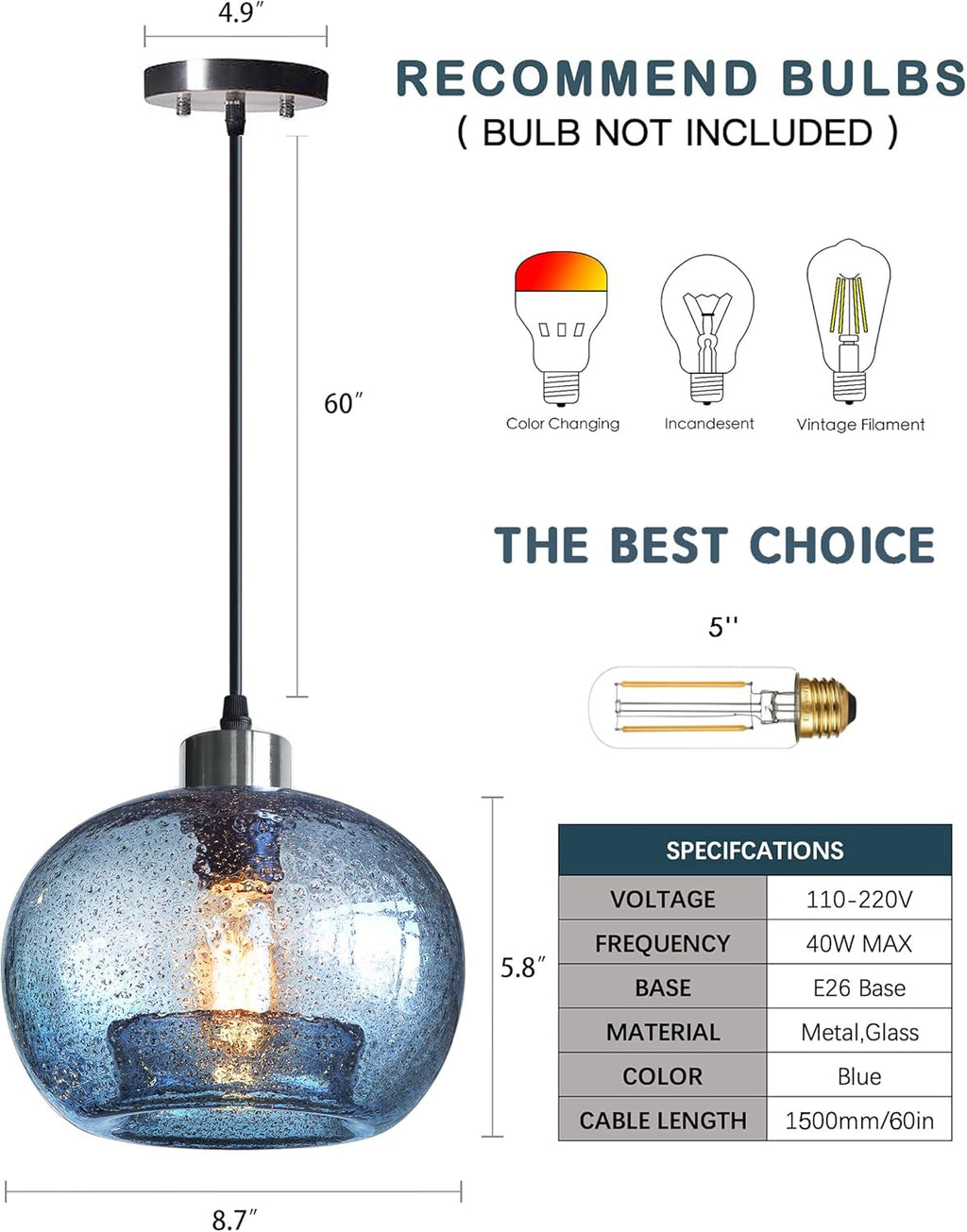 CASAMOTION Hand Blown Glass Pendant Lights Kitchen Island Marble Blue Color Modern Rustic Style Ceiling Hanging Light Fixtures Dining Room Brushed Nickel 8.7 Inch Diameter 2 Pack