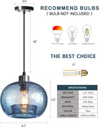 CASAMOTION Hand Blown Glass Pendant Lights Kitchen Island Marble Blue Color Modern Rustic Style Ceiling Hanging Light Fixtures Dining Room Brushed Nickel 8.7 Inch Diameter 2 Pack