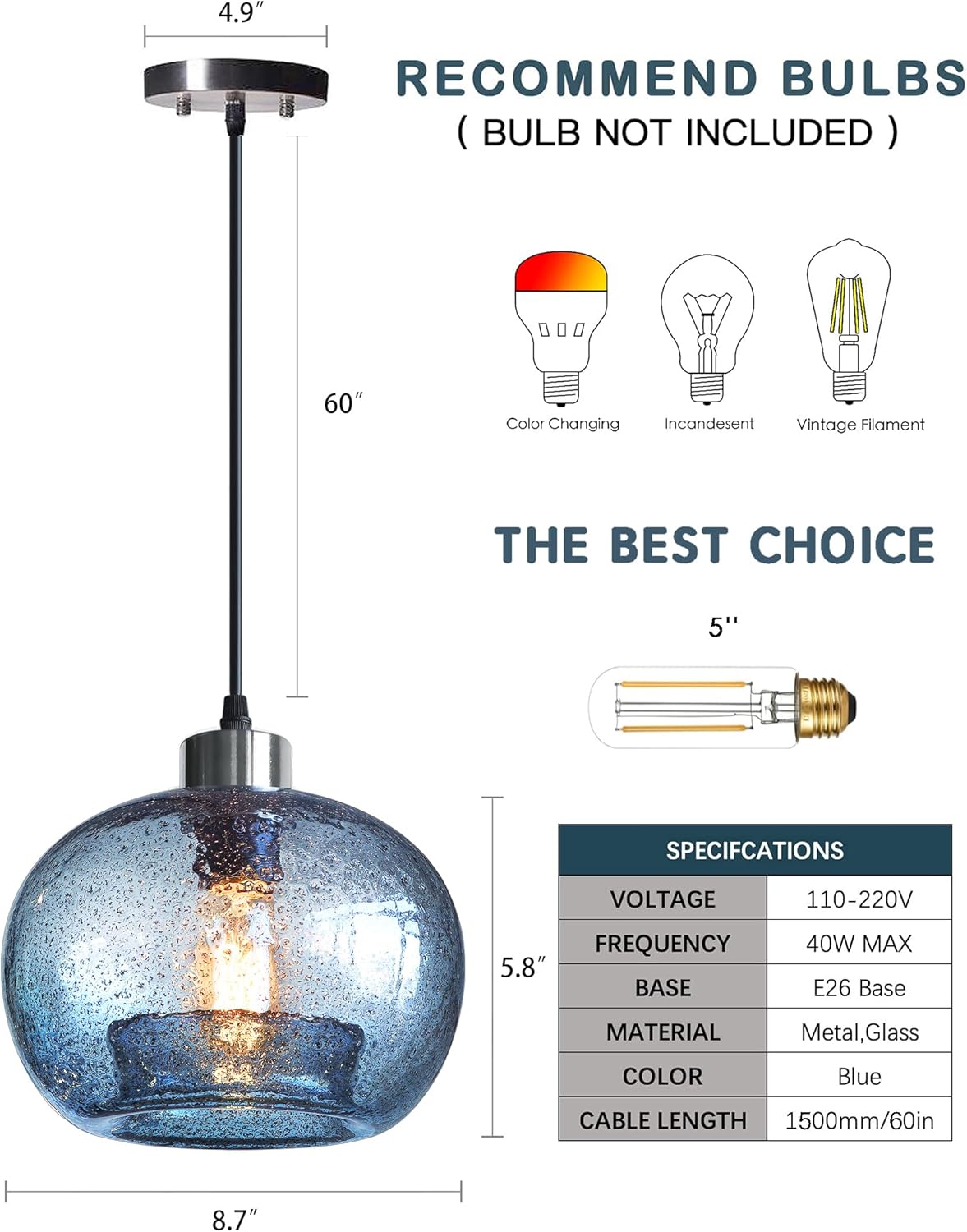 CASAMOTION Hand Blown Glass Pendant Lights Kitchen Island Marble Blue Color Modern Rustic Style Ceiling Hanging Light Fixtures Dining Room Brushed Nickel 8.7 Inch Diameter 2 Pack