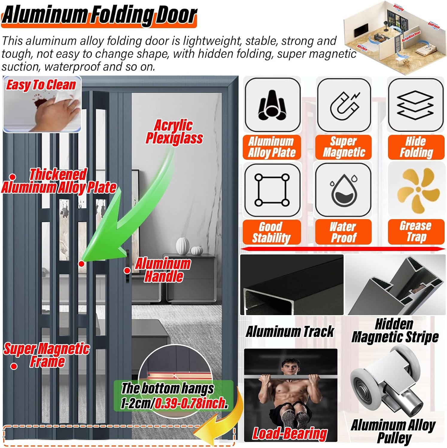 Foldable Sliding Barn Door Style Gray Aluminum Accordion Door for Bedroom Kitchen Bathroom Living Room Hallway Closet 73x80in