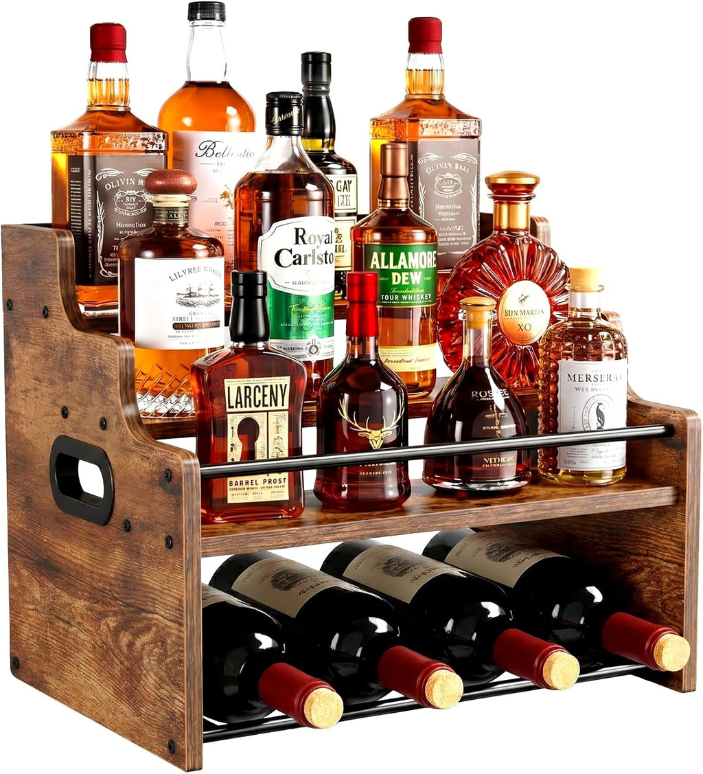 4-Tier Wood Display Shelf Wine Rack for 16 Bottles Wood Coffee Syrup Organizer with Handles Home Whiskey Shelf Retro Mini Liquor Cabinet Spice Rack Coffee Bar Shelves, Brown