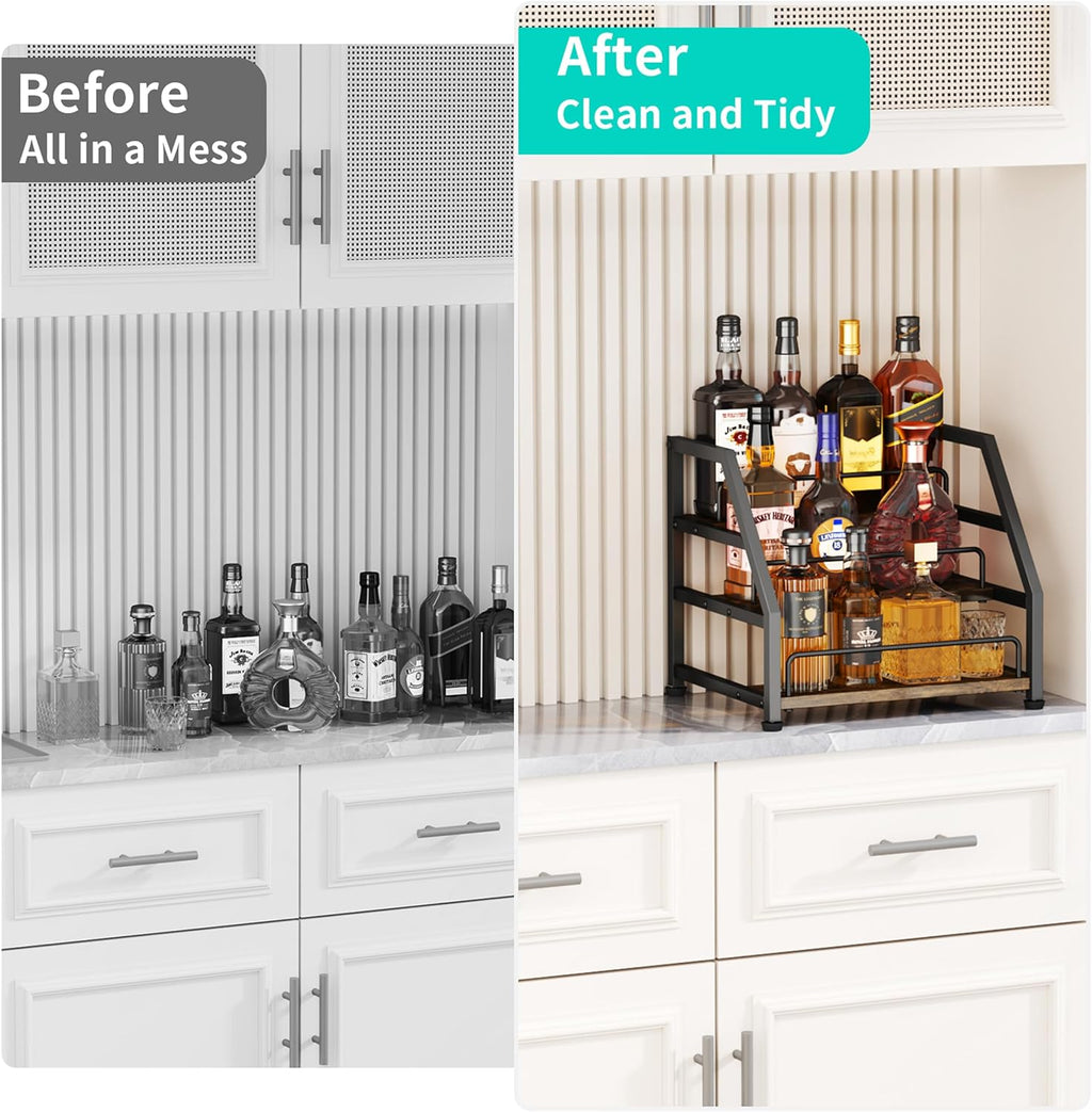 HapiRm Liquor Bottle Display Shelf - 3-Tier Stepped Liquor Cabinet Bar with Protective Fence, Countertop Wine Rack for Home