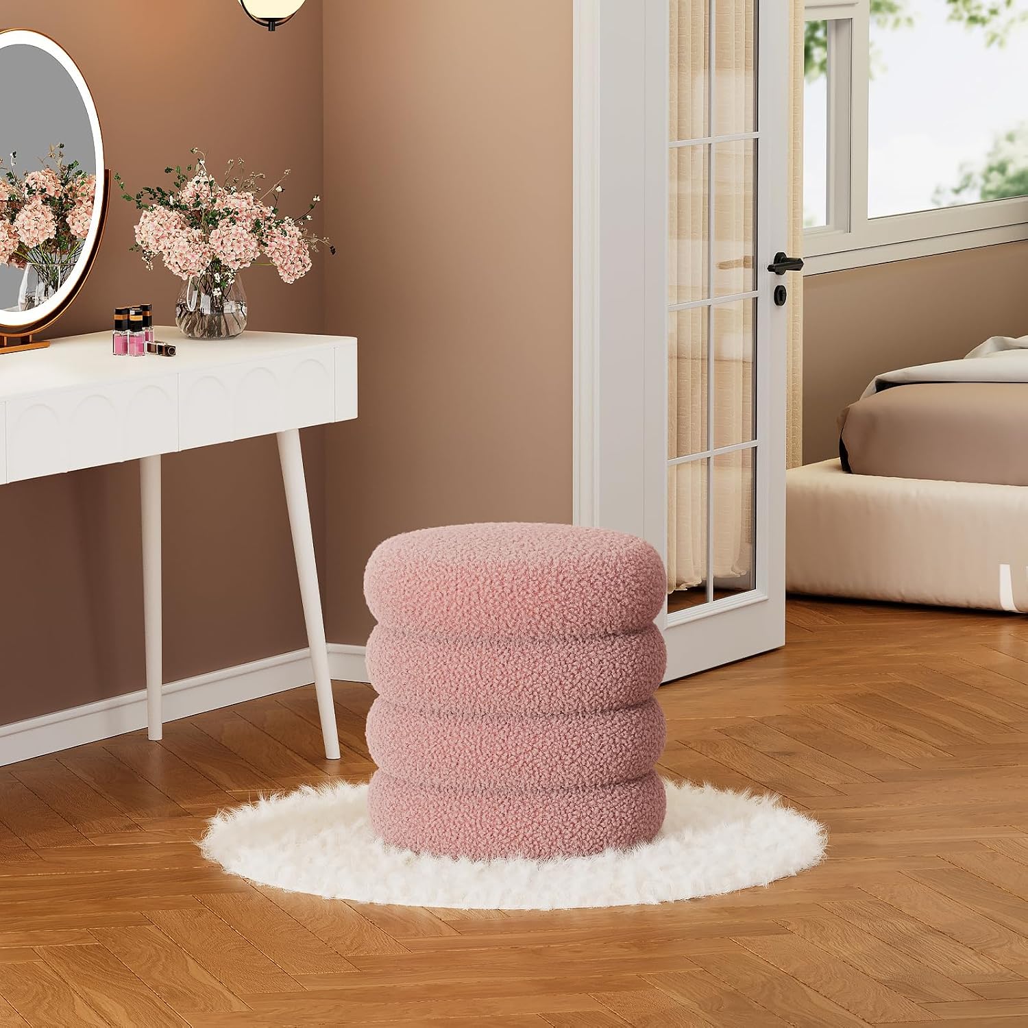 Soft Teddy Round Ottoman with Tray, 17.5 Inches Ottoman Coffee Table with Storage for Living Room, Vanity Stool with Storage Bedroom, Load up to 300 lb, No Assembly Required (Dusty Pink)