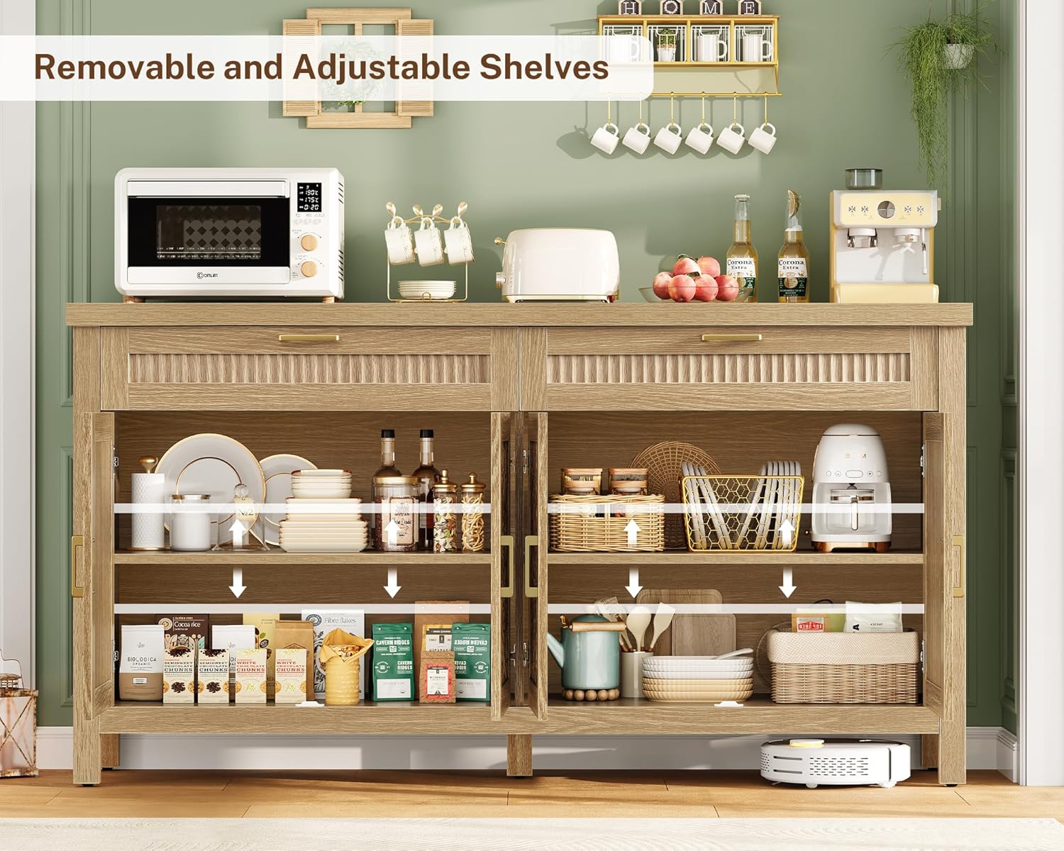 usikey Buffet Cabinet with Storage, 63” W Fluted Sideboard Cabinet with 2 Drawers & Adjustable Shelves, Coffee Bar with 4 Doors, Natural