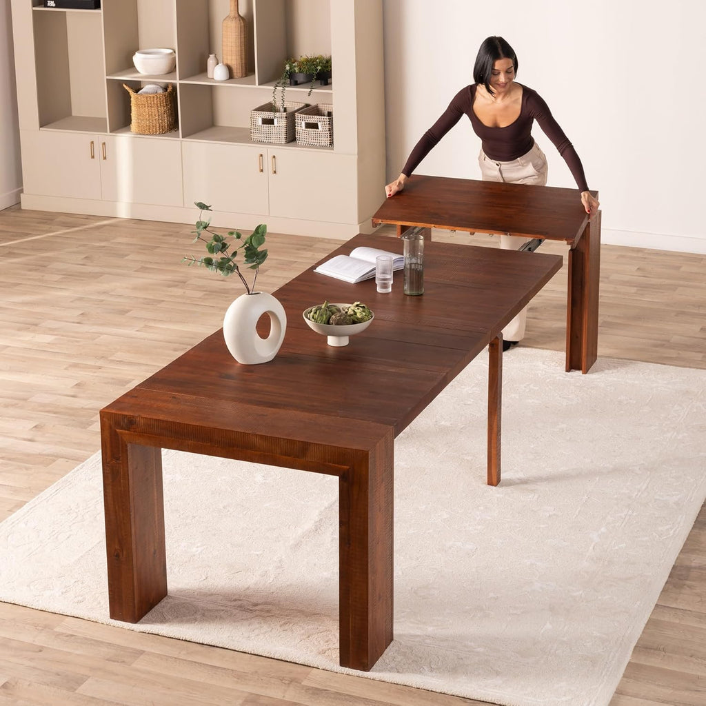 Transformer Table - Solid Wood Extendable Dining Table, Seats 2-12, Expandable Dining Room Table, Space-Saving Furniture, Kitchen and Dining Room Furniture (Red Oak, Table + Bench)