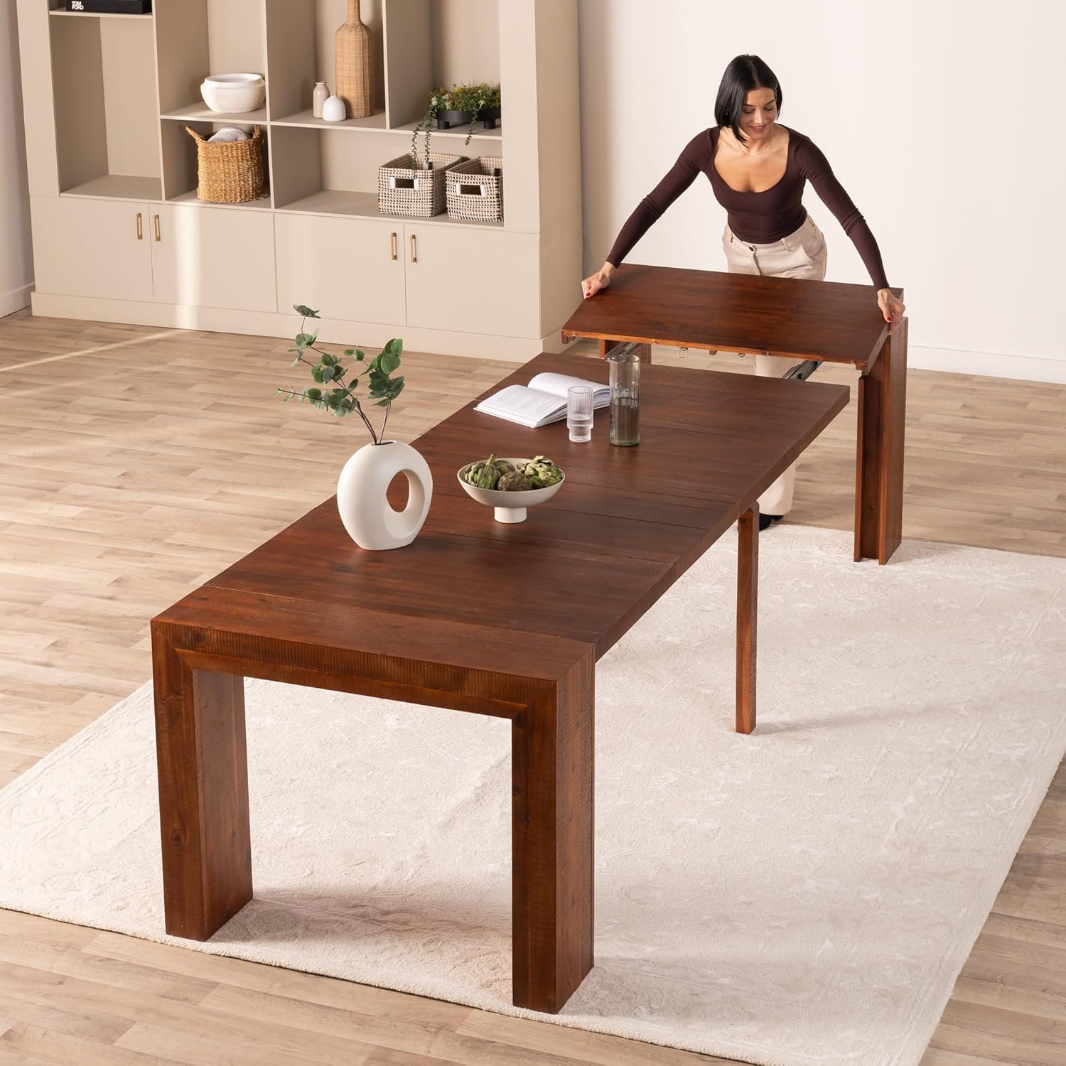 Transformer Table - Solid Wood Extendable Dining Table, Seats 2-12, Expandable Dining Room Table, Space-Saving Furniture, Kitchen and Dining Room Furniture (Red Oak, Table + Bench)