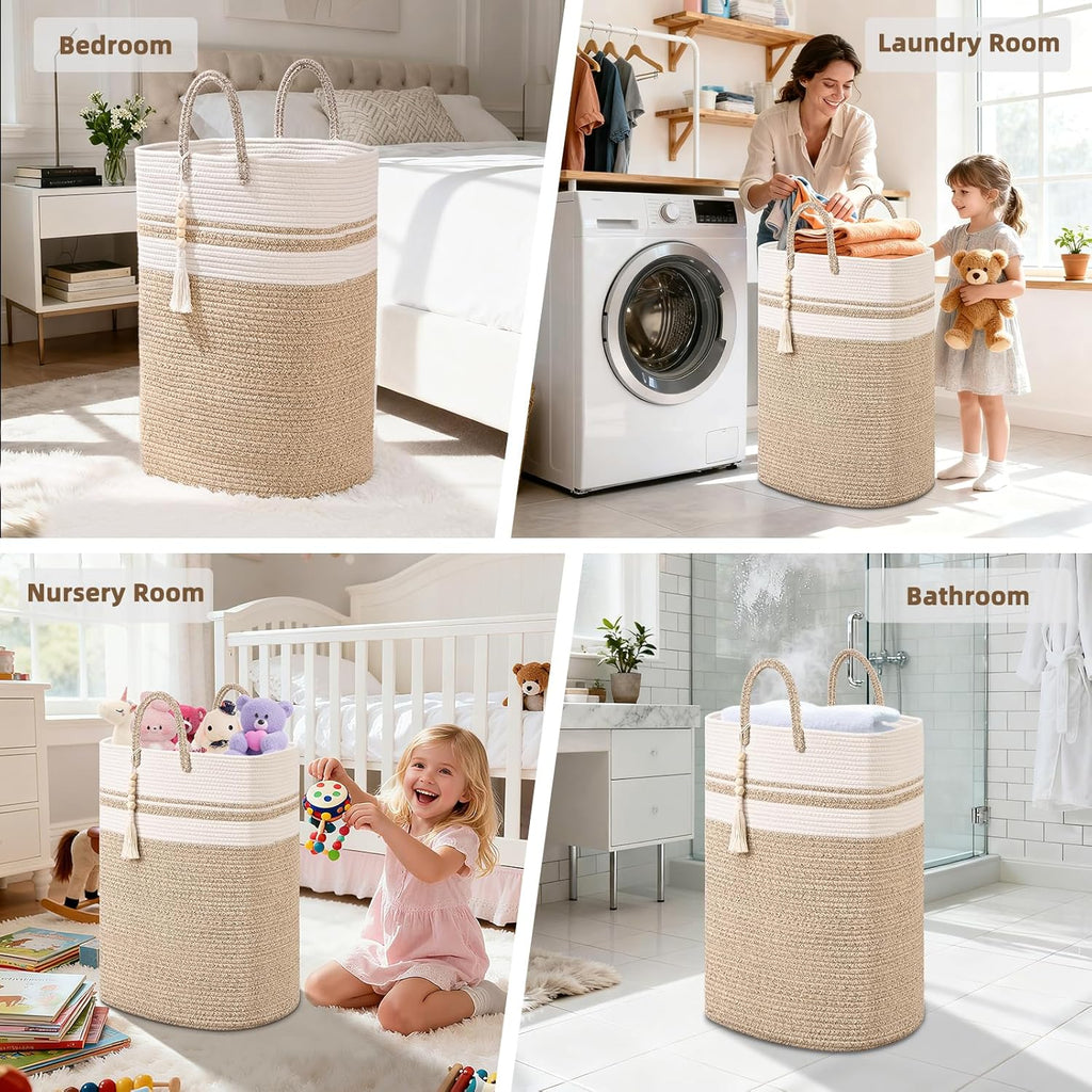 Woven Laundry Basket for Clothes, 80 L Large Rectangle Laundry Hampers with Beads Tassel, Nursery Storage Basket for Toys, Tall Dirty Clothes Hamper for Bedroom Aesthetic, Laundry Room Organization