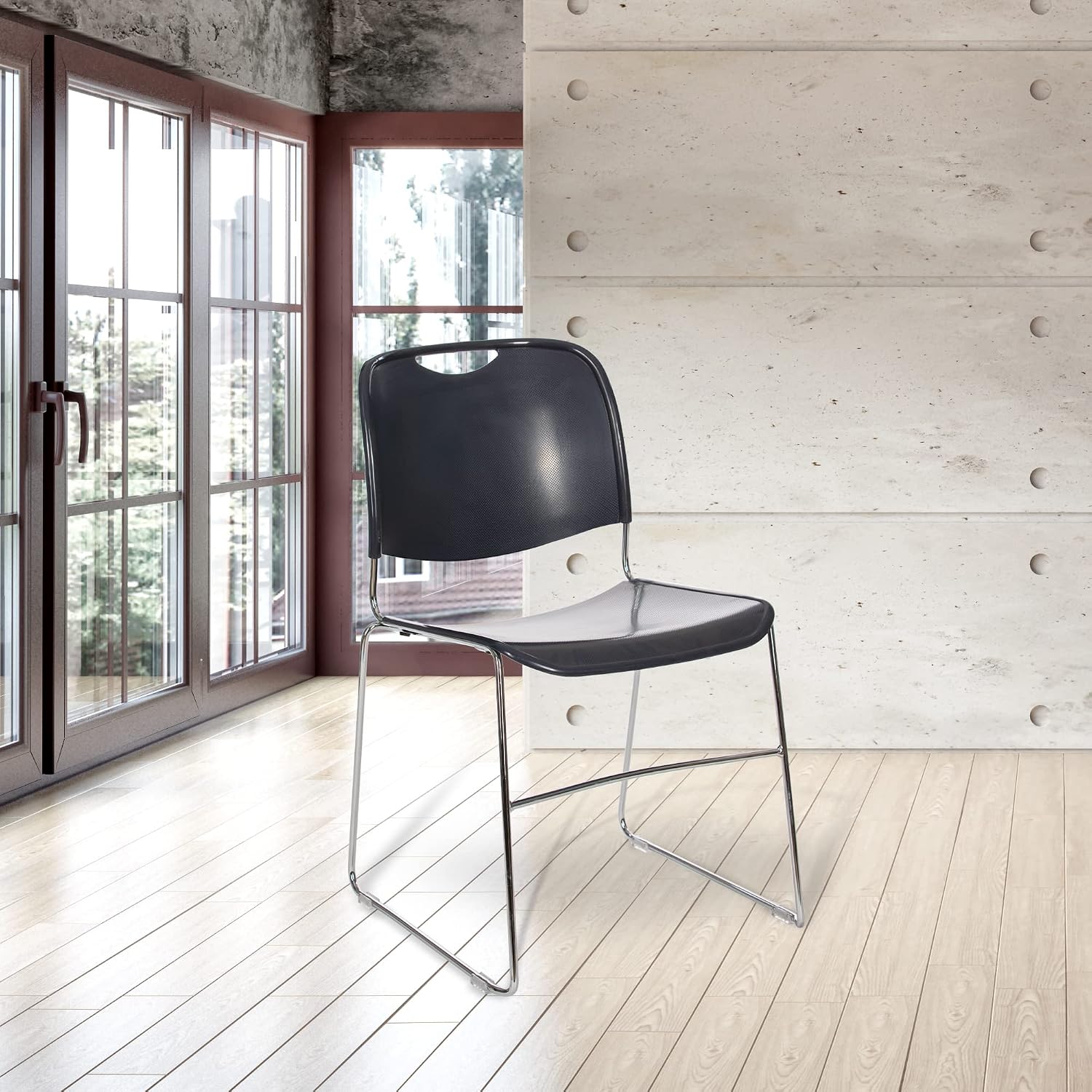 OEF Furnishings OEF8510/4 Ultra-Compact Plastic Sled Base Stack Chair (Simple Black, 4-Pack)