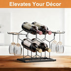 B4Life Countertop Wine Rack 3 Tier, Wine Rack with Glass Holder 8 Bottles, Freestanding Small Liquor Holder Metal, Tabletop Bottle Storage Stand for for Home, Kitchen, Bar, Cellar (Black, 8 Bottles)