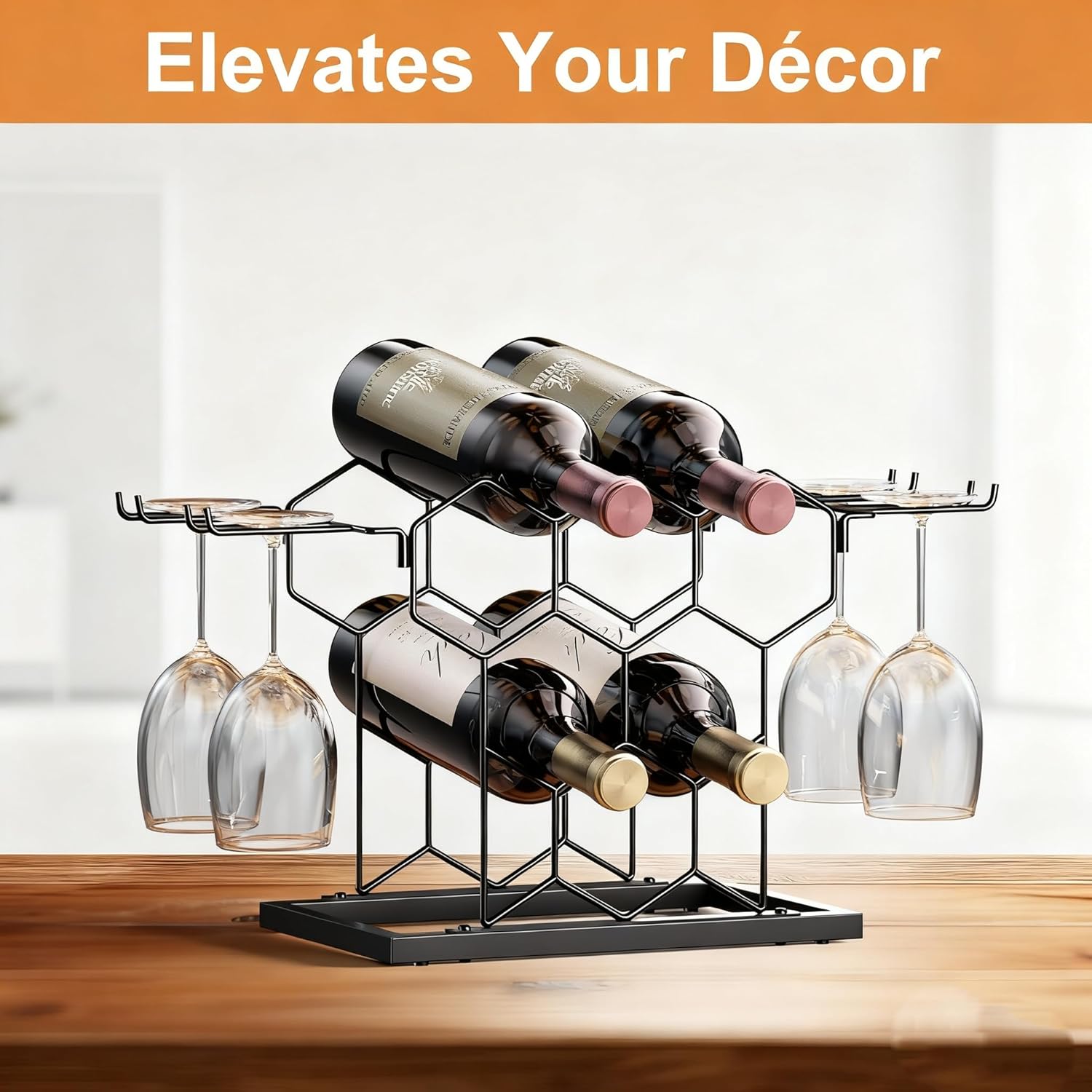B4Life Countertop Wine Rack 3 Tier, Wine Rack with Glass Holder 8 Bottles, Freestanding Small Liquor Holder Metal, Tabletop Bottle Storage Stand for for Home, Kitchen, Bar, Cellar (Black, 8 Bottles)