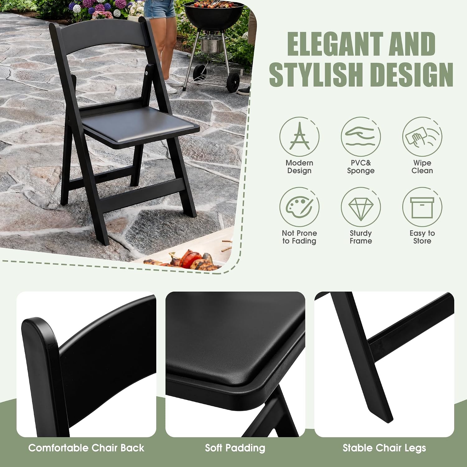 Folding Chairs Set of 4, Heavy Duty Plastic Foldable Chairs with Curved Backrest & Padded Seat, Folding Chairs for Home Kitchen Office Party, Supports 330 lbs, Space Saving Portable(Black Matte)