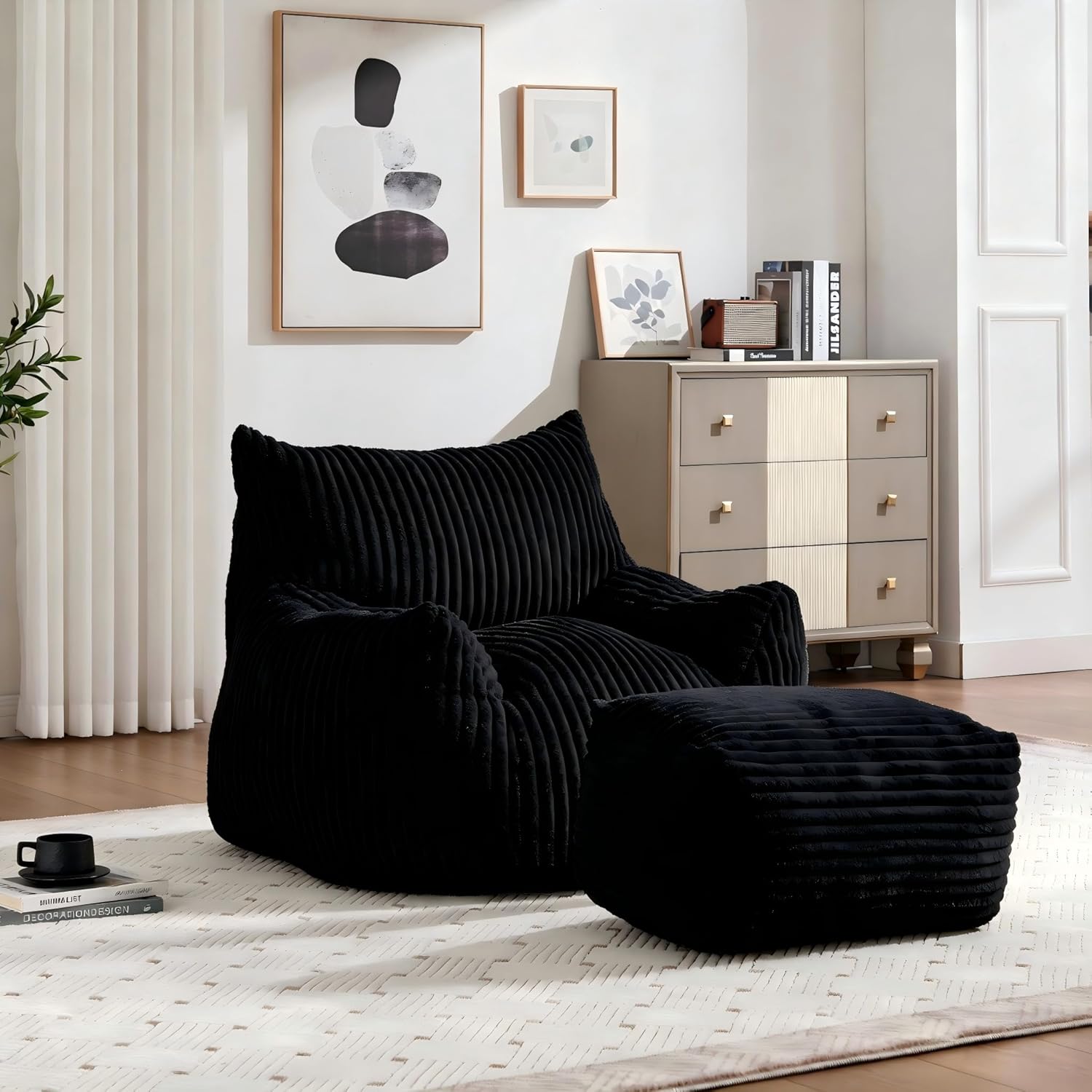 FanYi Bean Bag Chair for Adults with Armrests and Ottoman Comfy Beanbag Lounge Lazy Floor Sofa Accent Chair for Living Room, Bedroom & Dorm, Cozy Fluffy Single Cloud Mini Couch, Black