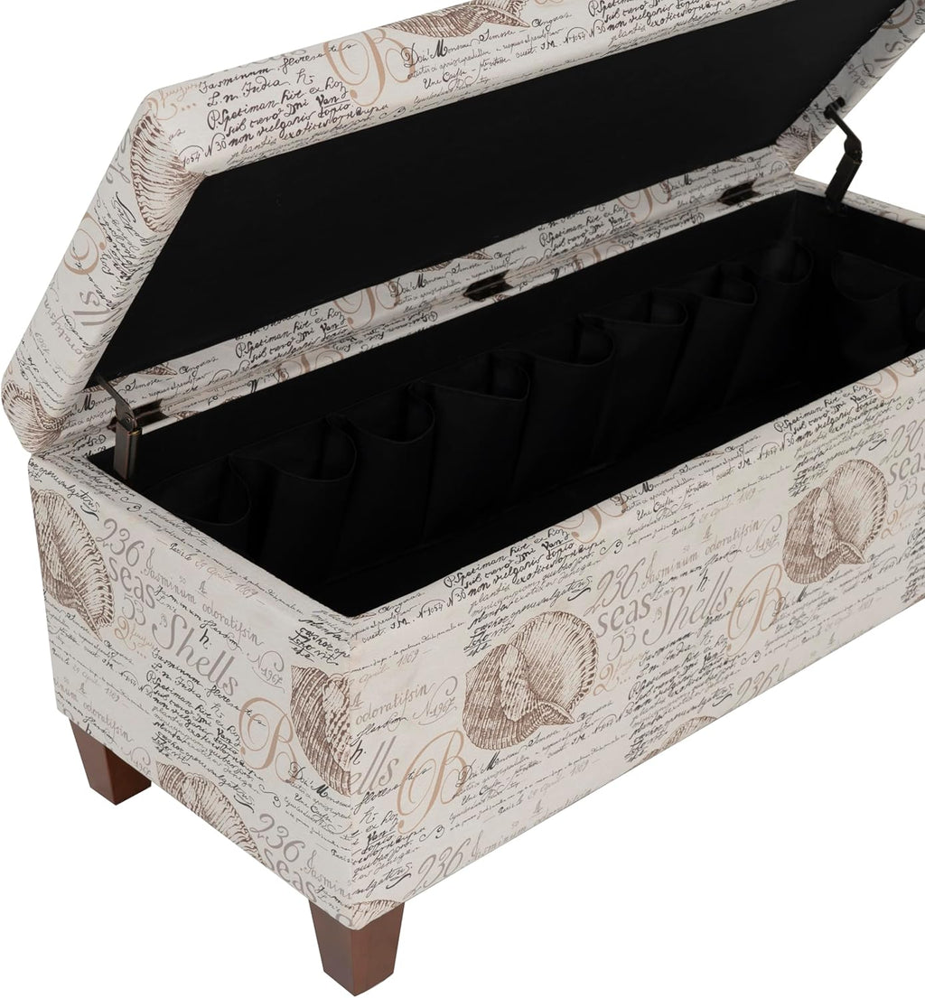 Linon Carmen Ivory and Beige Seashell Upholstered Lift Top Storage Ottoman with Wooden Feet