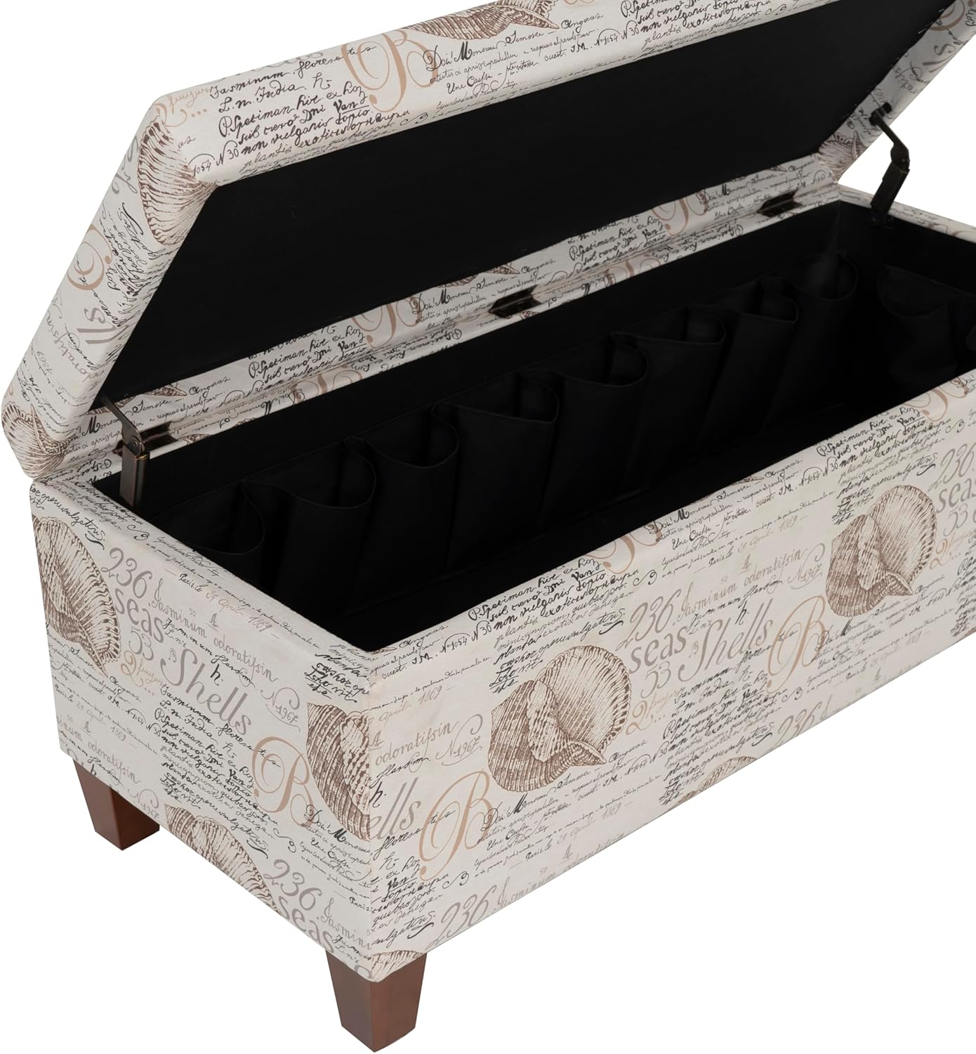Linon Carmen Ivory and Beige Seashell Upholstered Lift Top Storage Ottoman with Wooden Feet