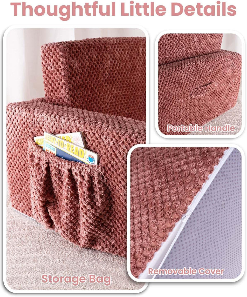 TinyPalsa Foldable Toddler Couch with Soft Sherpa Cover, 2-in-1 Comfy Toddler Sofa & Lounger for 3+ Years Old Girls Boys, Kids Chair with Pockets & Handle for Reading, Playroom (Pink)