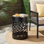 14" Powder-Coated Iron Bedside Table, Small Sofa Side Table with Cylindrical Shape, Small Sofa Couch Table with Circle Pattern for Indoor Outdoor use, Black
