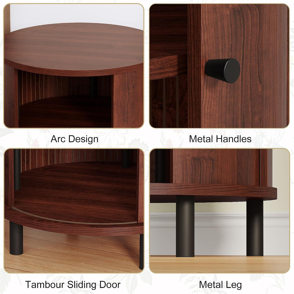 FROMJBEST Round End Table with Storage, Fluted Accent Side Table with Sliding Door, Mid-Century Nightstand for Small Spaces, Living Room, Bedroom (1, Walnut)
