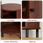 FROMJBEST Round End Table with Storage, Fluted Accent Side Table with Sliding Door, Mid-Century Nightstand for Small Spaces, Living Room, Bedroom (1, Walnut)