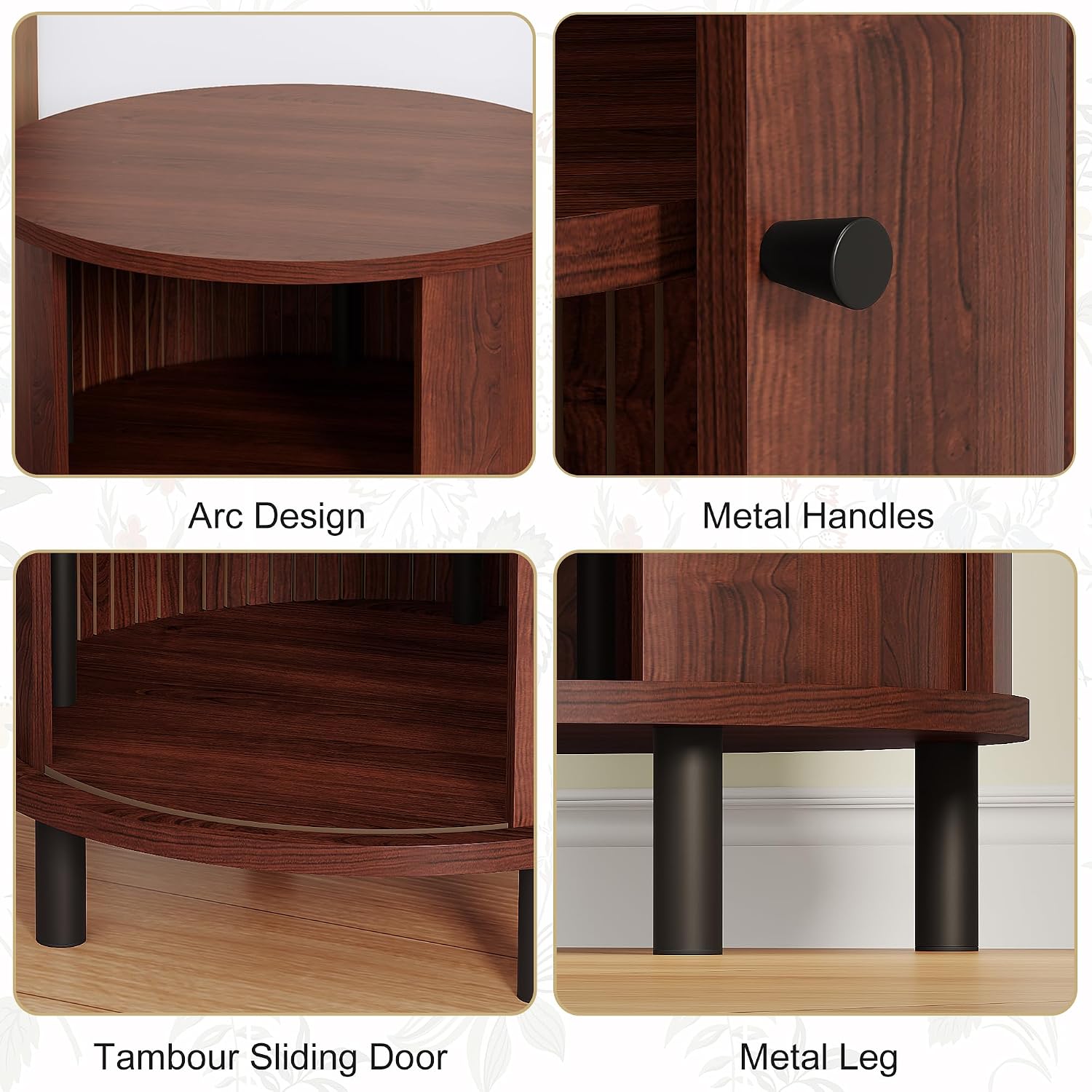 FROMJBEST Round End Table with Storage, Fluted Accent Side Table with Sliding Door, Mid-Century Nightstand for Small Spaces, Living Room, Bedroom (1, Walnut)